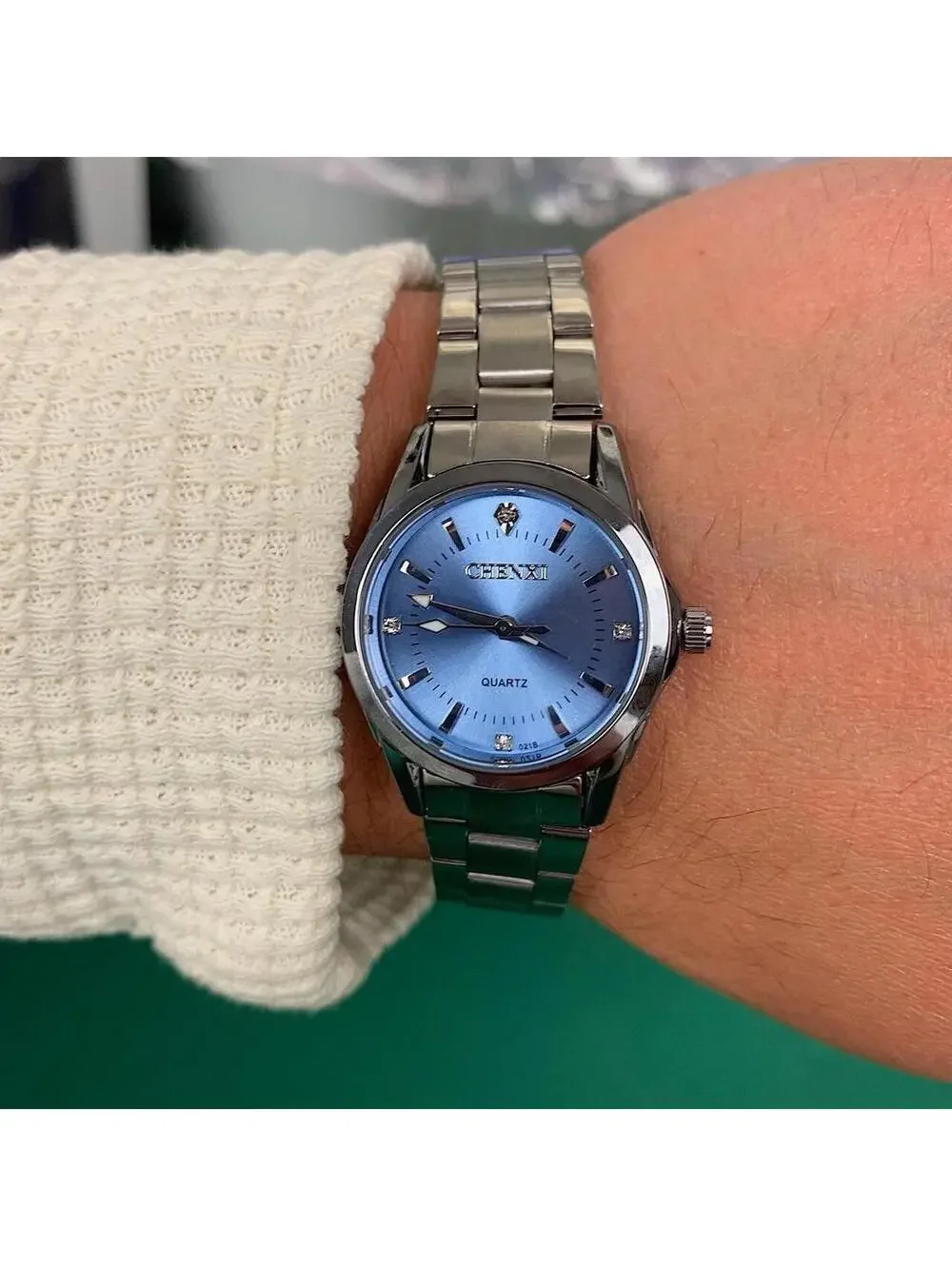 Silver Classy Quartz Round Light Blue Stainless Steel Watch. Stainless steel